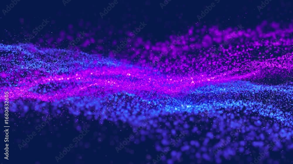 Poster animation of 3d neon blue, purple abstract particle waves moving on computer graphic background