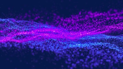 Animation of 3d neon blue, purple abstract particle waves moving on computer graphic background - Powered by Adobe