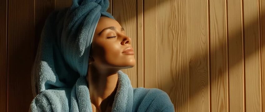 A young woman wearing a white shower hat and a blue towel lounging on a beige sofa in a hardwood sauna room with natural light