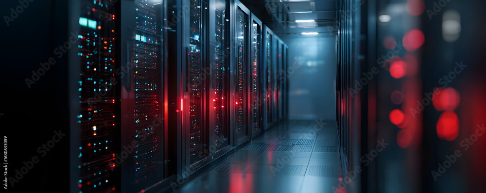 Poster closeup of a secure data center with stateoftheart cbersecurity systems, featuing encrypted servers,