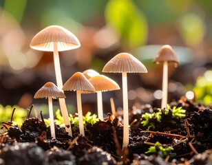 Delicate, light-dappled mushrooms emerge from rich, dark earth, showcasing intricate detail and soft, muted tones.