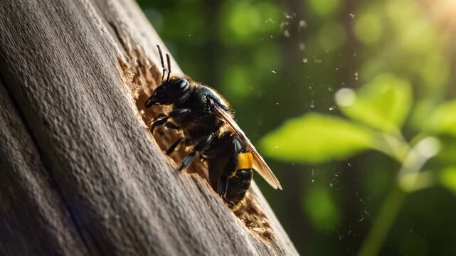 Potter Wasp Eumenes Fraternus Constructing Nest in Decaying Tree Trunk with Detailed Close-Up of Black and Yellow Markings in Sunlit Grainy Wood Perfect for Nature or Wildlife Visuals