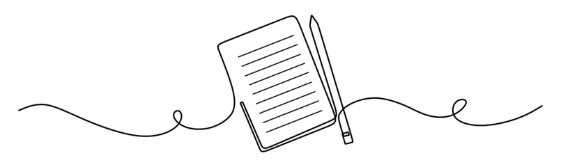 Continuous line art of a book or sheet of paper with a pen beside it, on a transparent background. This icon is for stickers or banners in stationery stores and libraries.    © mamat