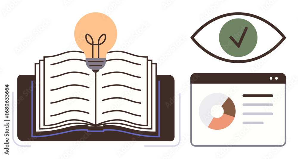 Aufkleber open book with lightbulb above pages, eye with checkmark, and browser window with pie chart. ideal f
