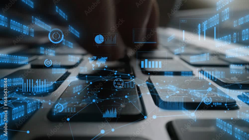 Poster a close-up of a keyboard with overlaid digital graphics, featuring data analytics and technology ele