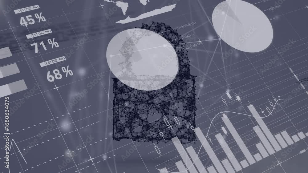 Poster animation of financial data processing, graphs, charts, lock on graphic interface