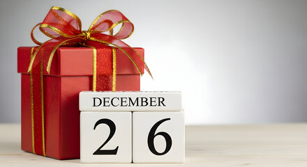 Red gift box with gold ribbon and december 26th calendar date symbolizing boxing day sales and post christmas celebrations and holiday savings