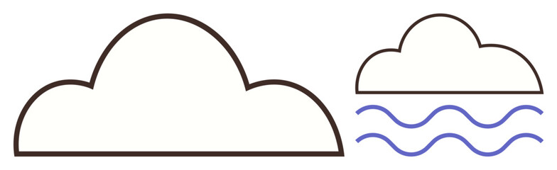 Two stylized cloud outlines with wavy blue lines under one, symbolizing weather, rain, and water. Ideal for climate, environment, nature, weather apps, minimal art eco awareness simple flat