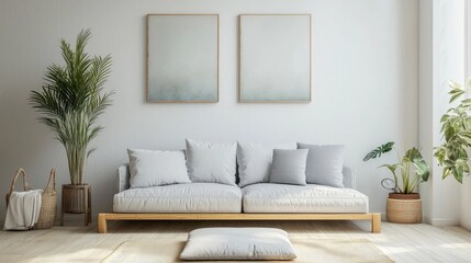 A minimalist living room with a white wall, wooden floor, and a light grey sofa with white cushions and pillows.