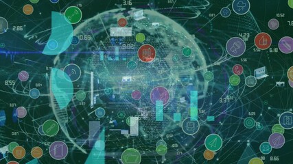 Animation of financial data , colorful icon connecting dots, graphs, globe on graphic interface - Powered by Adobe