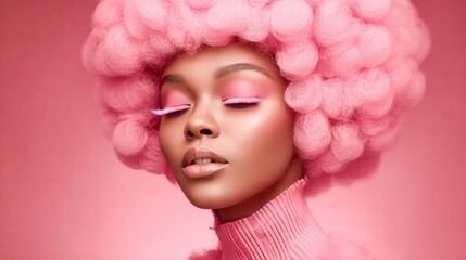 Naklejka premium A stunning woman with a beautiful afro and pink makeup posing for a portrait.