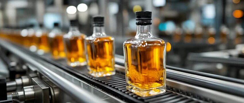 Labeled whiskey bottles are moved on conveyor belts by an automated whiskey bottle filling process.