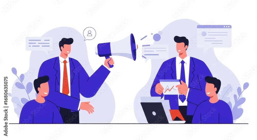 Poster two business colleagues are engaged in a presentation, one explaining data to the other using a mega
