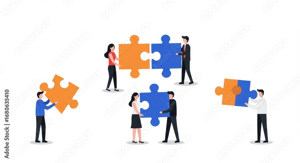 Poster diverse team members collaboratively assemble puzzle pieces, symbolizing unity and collective effort