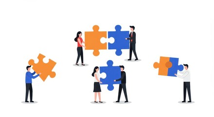 Obraz premium Diverse team members collaboratively assemble puzzle pieces, symbolizing unity and collective effort.