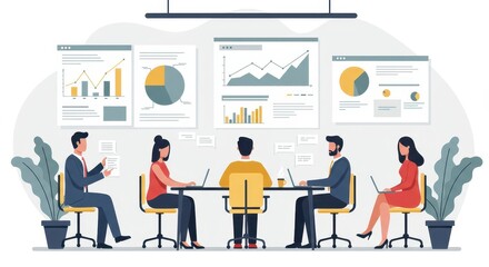 A group of business professionals engaged in a meeting, surrounded by presentation visuals.