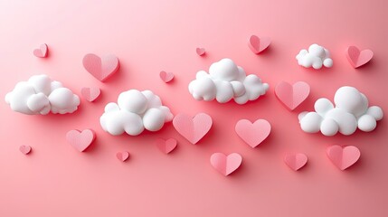 Paper hearts and fluffy clouds set against a pink background, creating a dreamy and romantic atmosphere.