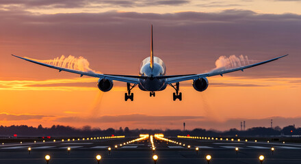 An airplane flying over runway lights at sunset, Commercial airplane landing at sunset with vapor trailing from the wings