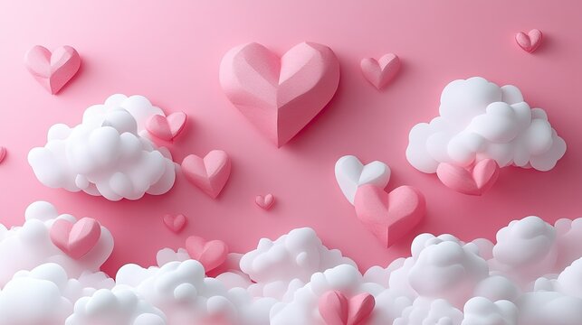 Paper hearts and fluffy clouds set against a pink background, creating a dreamy and romantic atmosphere. - Powered by Adobe