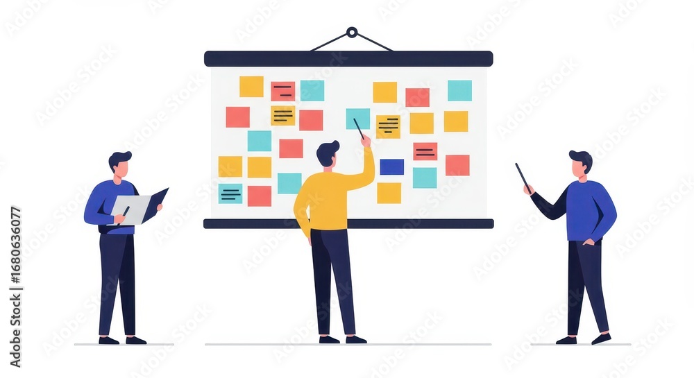 Poster three individuals engage in a collaborative brainstorming session, utilizing a large projection scre