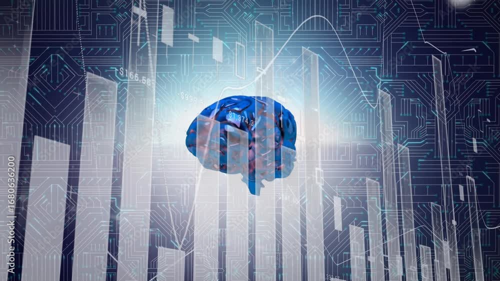 Poster animation of financial data, graphs processing, bright 3d human brain rotating on graphic interface