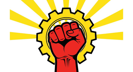Vector art of red fist raised in front of a yellow gear and sunburst