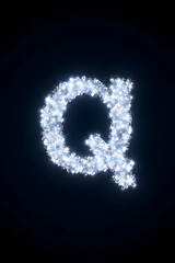 Fototapeta premium Lowercase letter q formed with glowing crystal particles, dark gradient background, strong contrast, professional balance, sharp structure