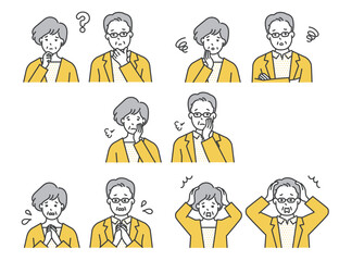 困った表情のシニア男女の上半身イラスト