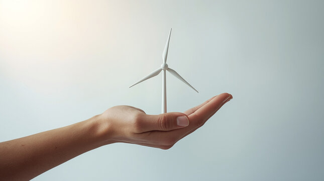 A hand holding a miniature wind turbine