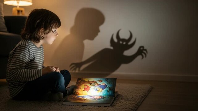 Child reading book illuminates monster shadow puppets on wall. This child is reading book projecting shadows, creating a scary monster puppet show for bedtime. Creative, playful,