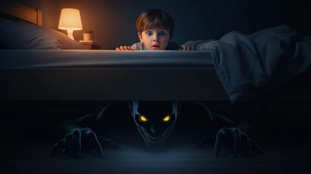 Child under bed with lurking monster, looking scared. Child under bed hides from creature with glowing eyes in darkness, a scary nightmare scenario for childhood fears.