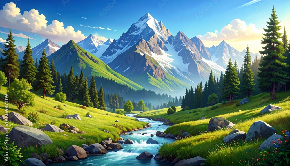 Aufkleber charming mountain landscape displaying a gentle stream flowing through trees and hillside