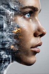 A futuristic portrait of a woman's face merging with digital elements in a modern artistic style.