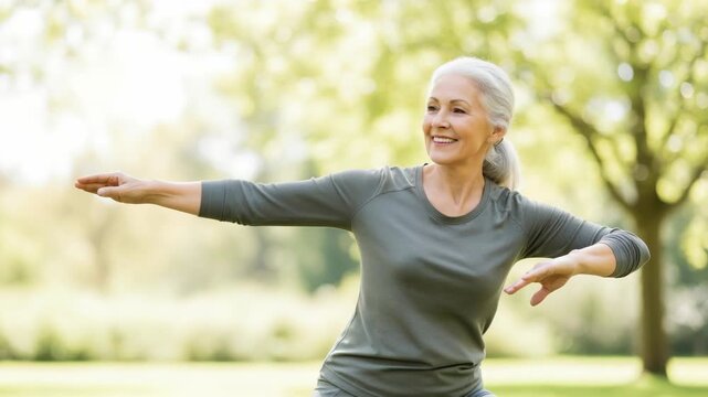 Elderly woman who plays sports enjoys active lifestyle outdoors in park. Elderly woman enjoying sport and her physical activities promotes healthy lifestyle.