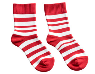 A pair of red and white striped socks laid flat, viewed from above, crisp stripes and 237682