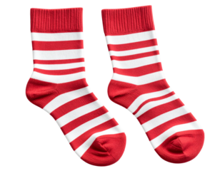 A pair of red and white striped socks laid flat, viewed from above, crisp stripes and 237682