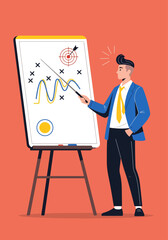 A confident businessman in a blue suit presents a strategic plan on a whiteboard, pointing a direct path to successfully hitting the target goal.