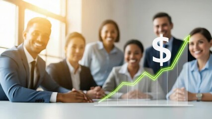 Diverse business team shows financial growth, with dollar sign and upward chart overlay. Financial growth brings smiling faces to multiethnic business team members in bright office. - Powered by Adobe