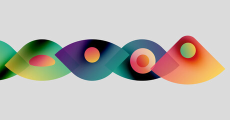 Abstract colorful shapes overlap creating wavy pattern. Gradient hues blend smoothly, forming dynamic composition. Minimalist design.