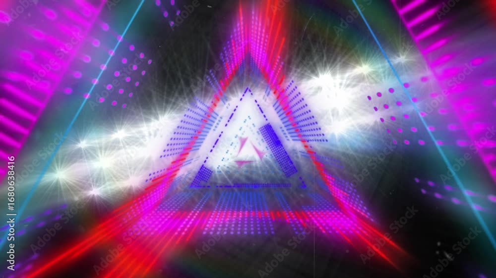 Aufkleber 3d animation of abstract colorful triangular patterned neon beams zooming over illuminated stadium