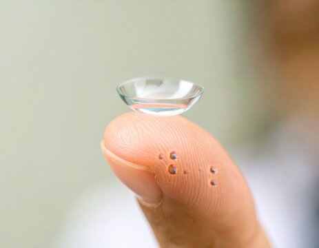 A contact lens sits on a fingertip, showcasing eye care and vision correction.