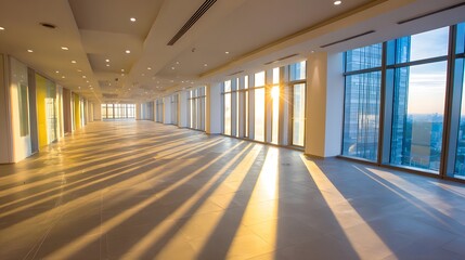 A spacious, sunlit office interior showcases long shadows cast by the morning sun on the light-colored floor, highlighting the expansive windows and high ceilings.
