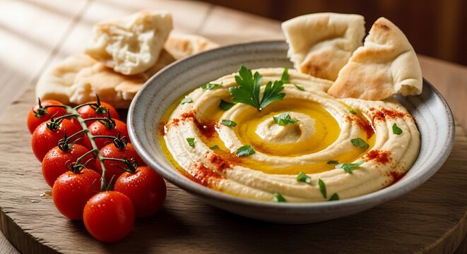 Authentic hummus photo with sesame tahini and cumin flavor