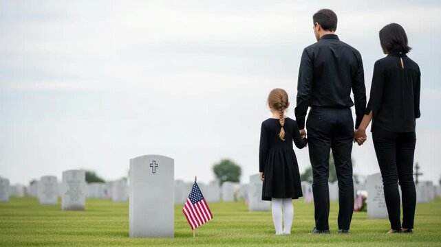 Family at a cemetery with headstones and American flag. Mourning family visits grave of loved one at cemetery, holding hands. Grief and support at cemetery for family and memorial for someone lost.