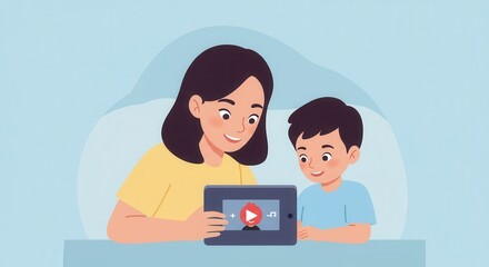 A woman and a boy are happily watching a video on a tablet together.