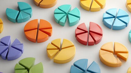 Colorful pie charts arranged on a white surface, showcasing various vibrant hues and a 3D effect.