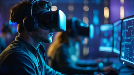 Using vr headsets, office workers developing technology design on computer screens
