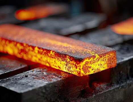 Molten steel billet on a dark metal surface