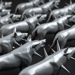 Metallic dogs in a pack, sharp spikes