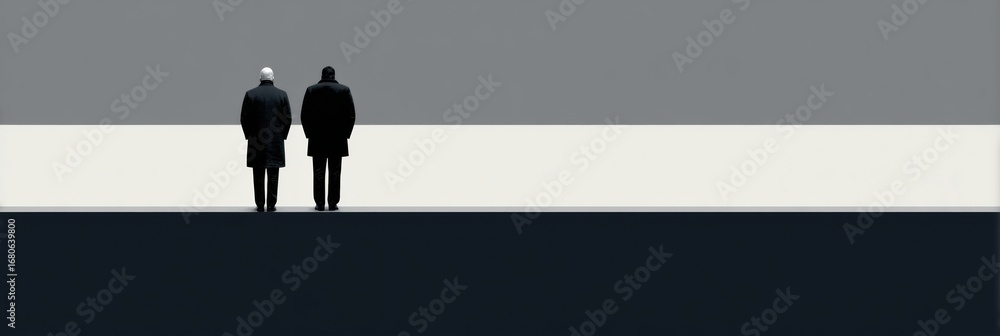 Poster two figures in coats standing against a minimalistic background during twilight hours in a serene ur